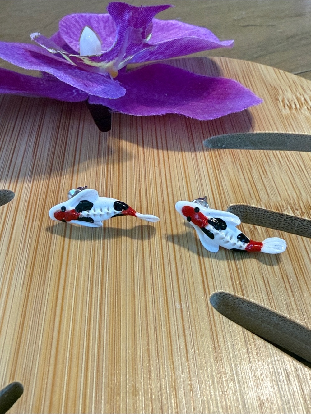 Girls' Koi Fish Stud Earrings in White, Black & Red